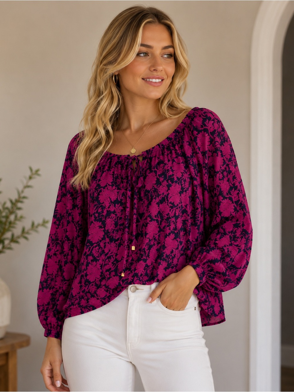 Tory Burch Purple and Navy Floral Blouson Top